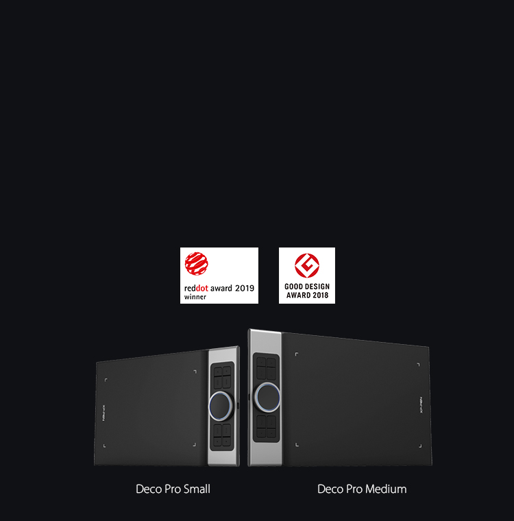 XP-Pen Deco Pro Tableta como la ganadora de Red Dot Design Award 2019 y ganadora Good Design Award 2018