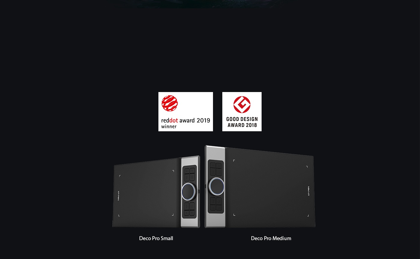 XP-Pen Deco Pro Tableta como la ganadora de Red Dot Design Award 2019 y ganadora Good Design Award 2018