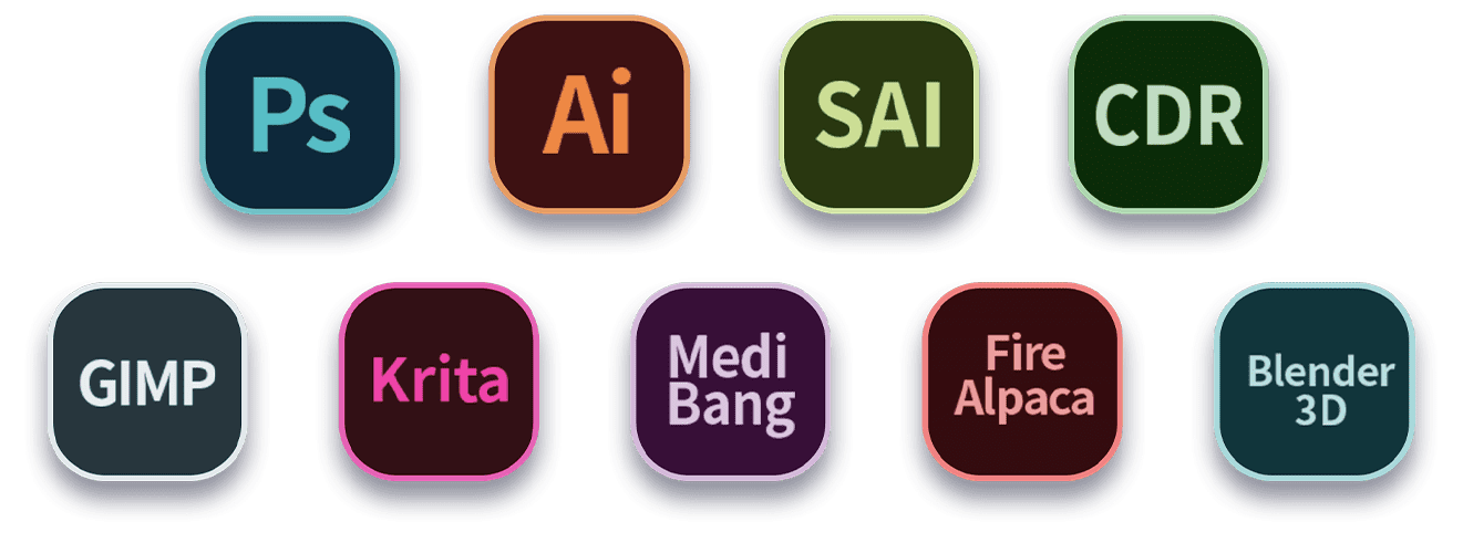 Também é compatível com software popular de arte digital como Adobe Photoshop, Illustrator, SAI, CDR, GIMP, Krita, MediBang, FireAlpaca e Blender 3D.